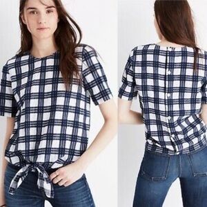 Madewell Black and White Plaid Button Back Crew Neck Tie-Front Short Sleeve Top